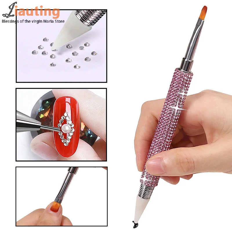 Dual Heads Crystal Point Drill Pen Nail Brush 2 IN 1 Colourful Stay Wire Pen Rhinestones Gem Dotter DIY Drill Nail Art Tools