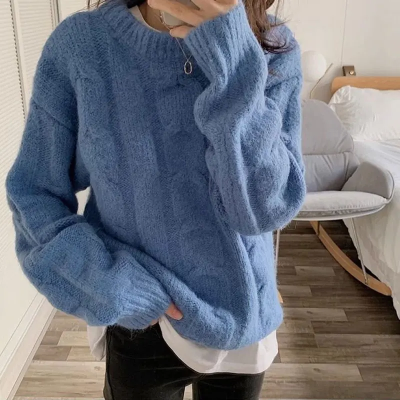 Basic Haze Blue Loose Knitted Pullovers Autumn Winter Casual O-Neck Women's Clothing Korean Vintage Long Sleeve Aura Sweaters