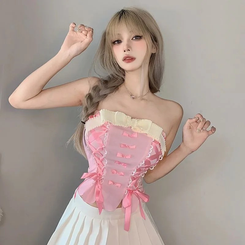 Sweet Girl's Age-reducing Strawberry Bow Tube Top Retro Age-reducing Slim-fitting Lace-up Short