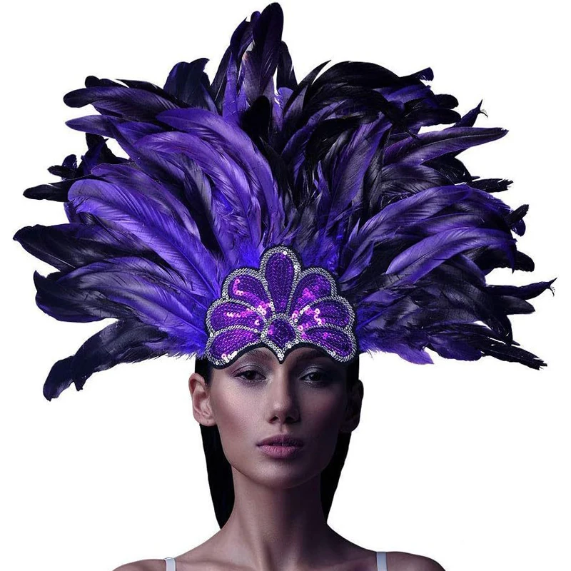 

Women's Black Feather Headband Carnival Headpiece Pageant Headband 1920s Flapper Headband (Purple-1)