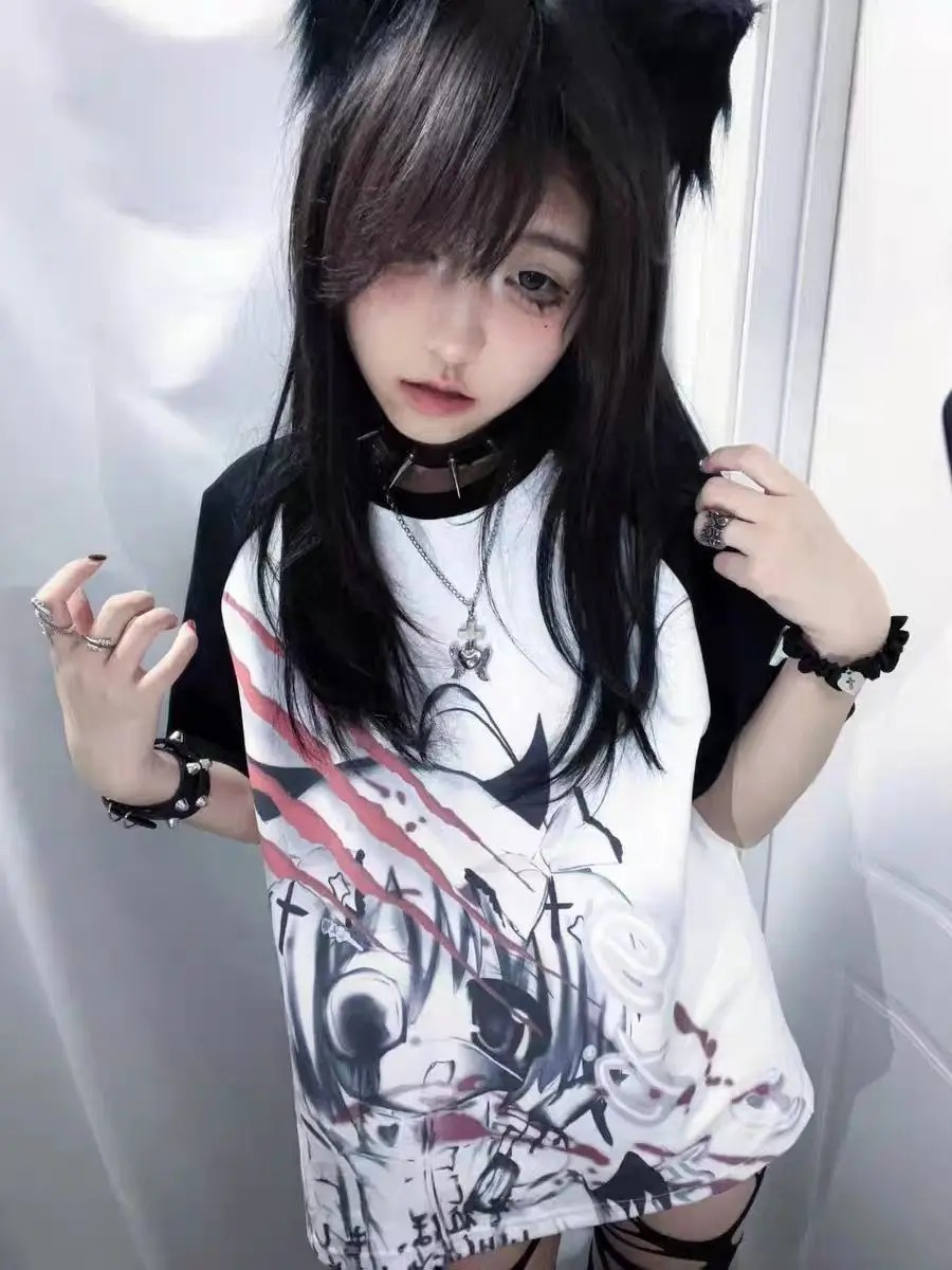 Summer Cartoon Print Short Sleeve T-shirt Y2k Aesthetic Anime Tees Punk Grunge Japanese T-shirt Girls Harajuku Shirts Patchwork