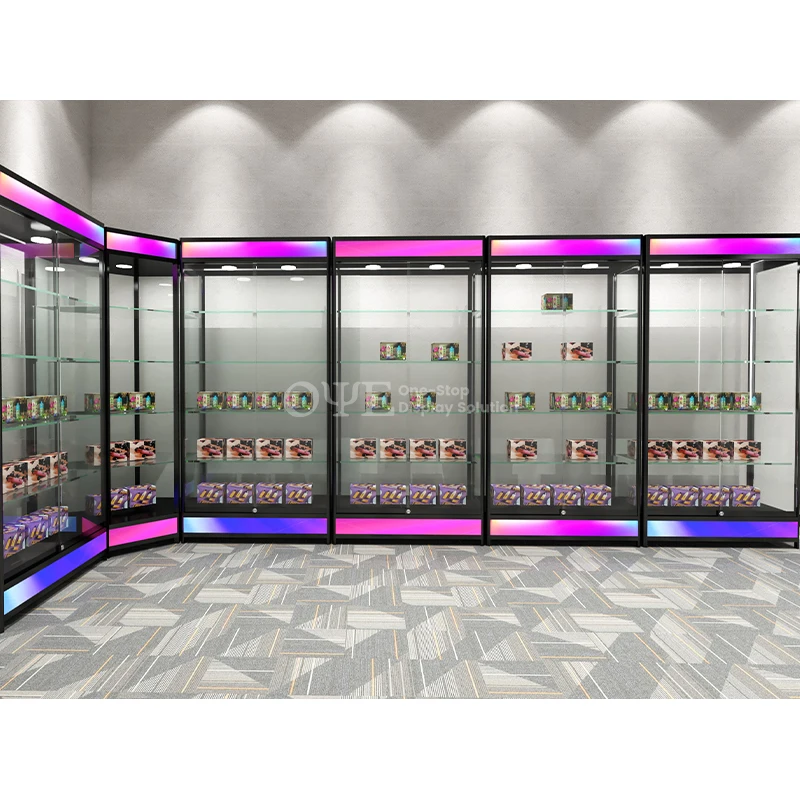custom.Fashion Design Colorful Base Glass Display Cabinet Smoke Shop Product LED Showcase
