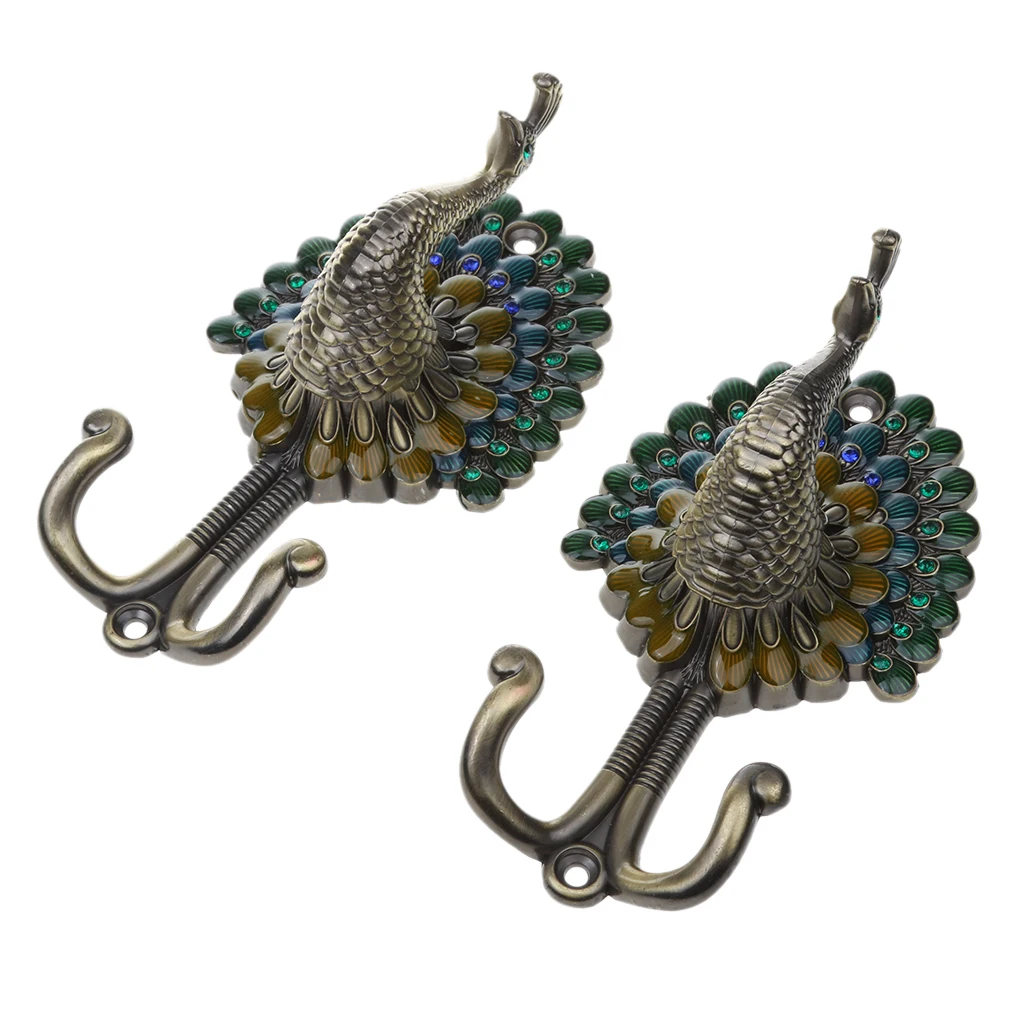 1 Pair Peacock Double Metal Clothes Towel Bag Wall Hanger DIY Hook - Bronze