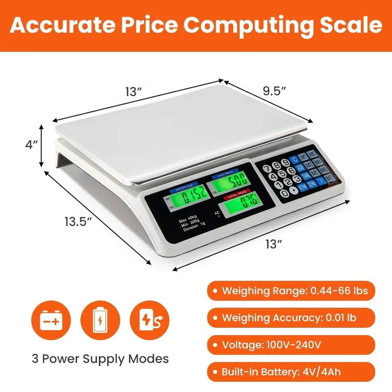 

Price Computing Scale, 66 Lbs LCD Digital Commercial Food Meat Produce Weighing Scale In Lb & Kg, Stainless Steel Electr