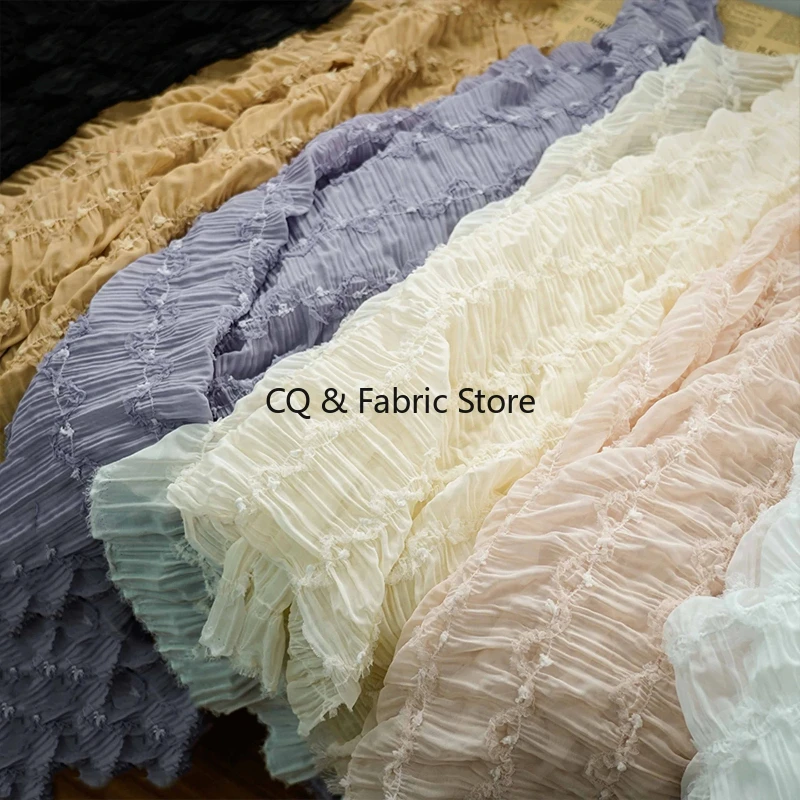 Fashion Spring Summer Pleated Bubble Embroidered Chiffon Fabric Sweet Doll Dress Handmade Dress Material Multi Color