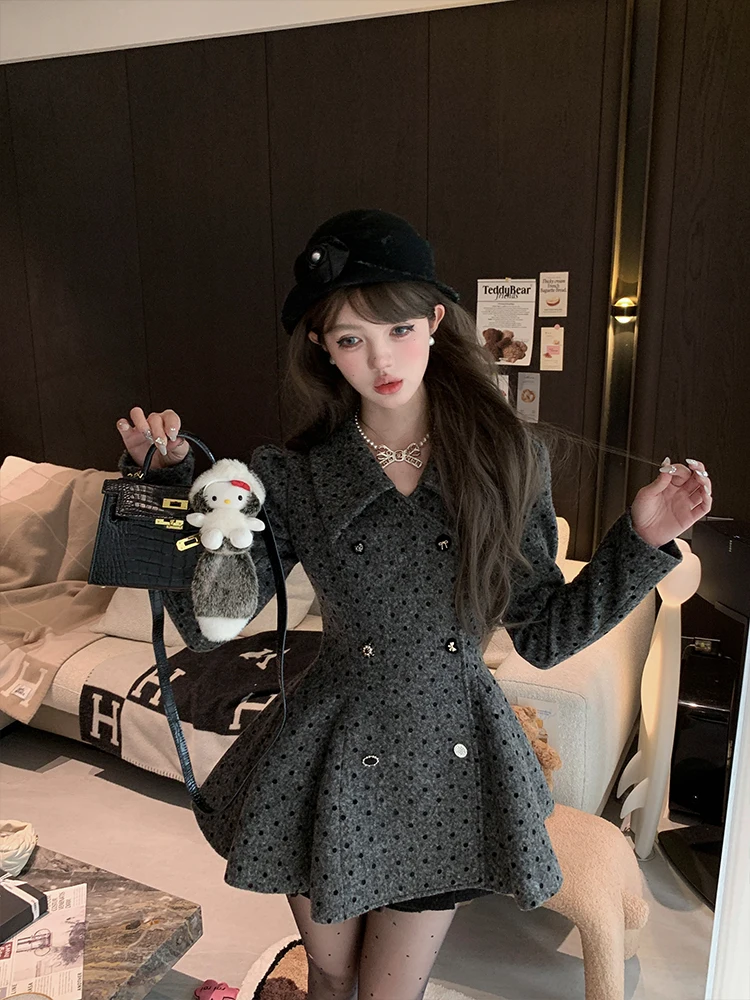 شتاء جديد النمط الفرنسي الأميرة الراقية الأسود البولكا نقطة معطف منتصف طول الخصر مقصوص معطف الصوف للنساء #3