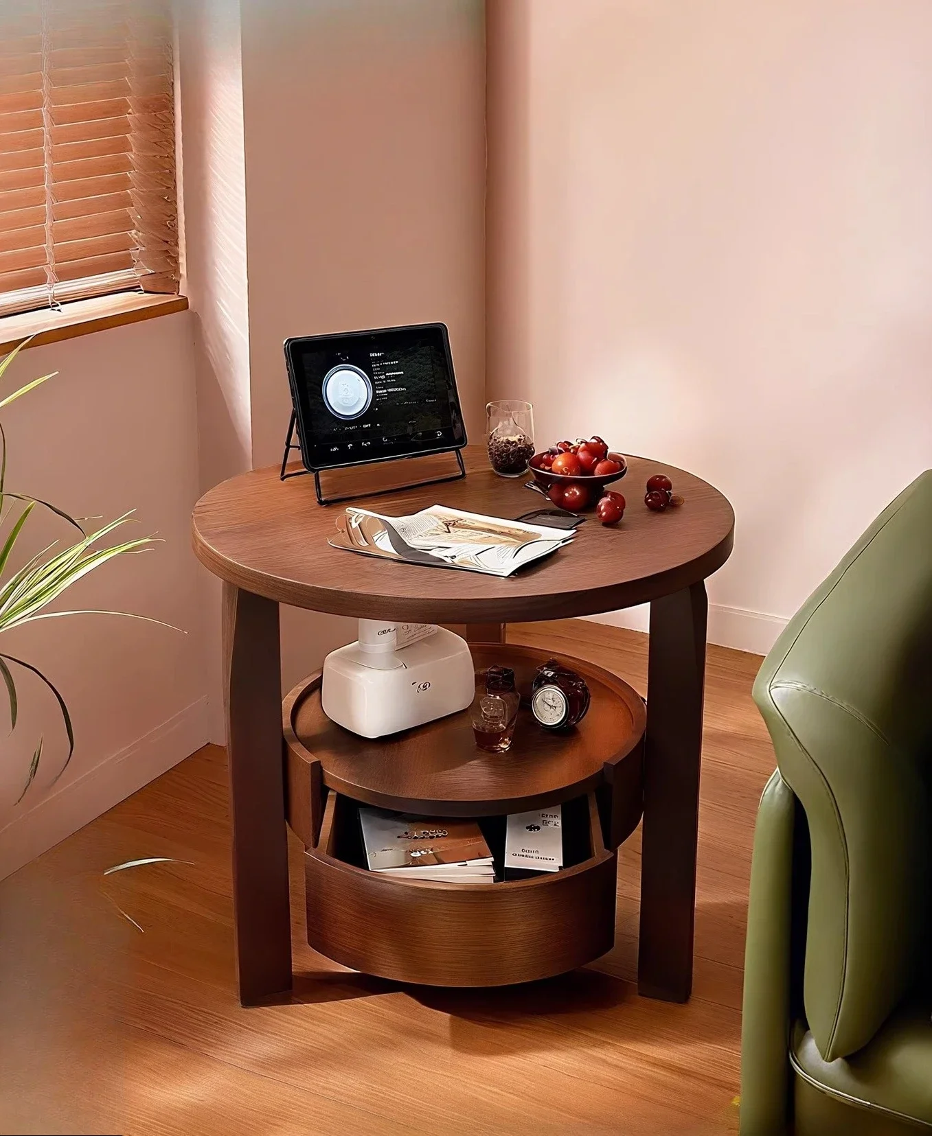 Double-layer solid wood edge sofa coffee table living room small round table, side table simple modern bedside table corner side