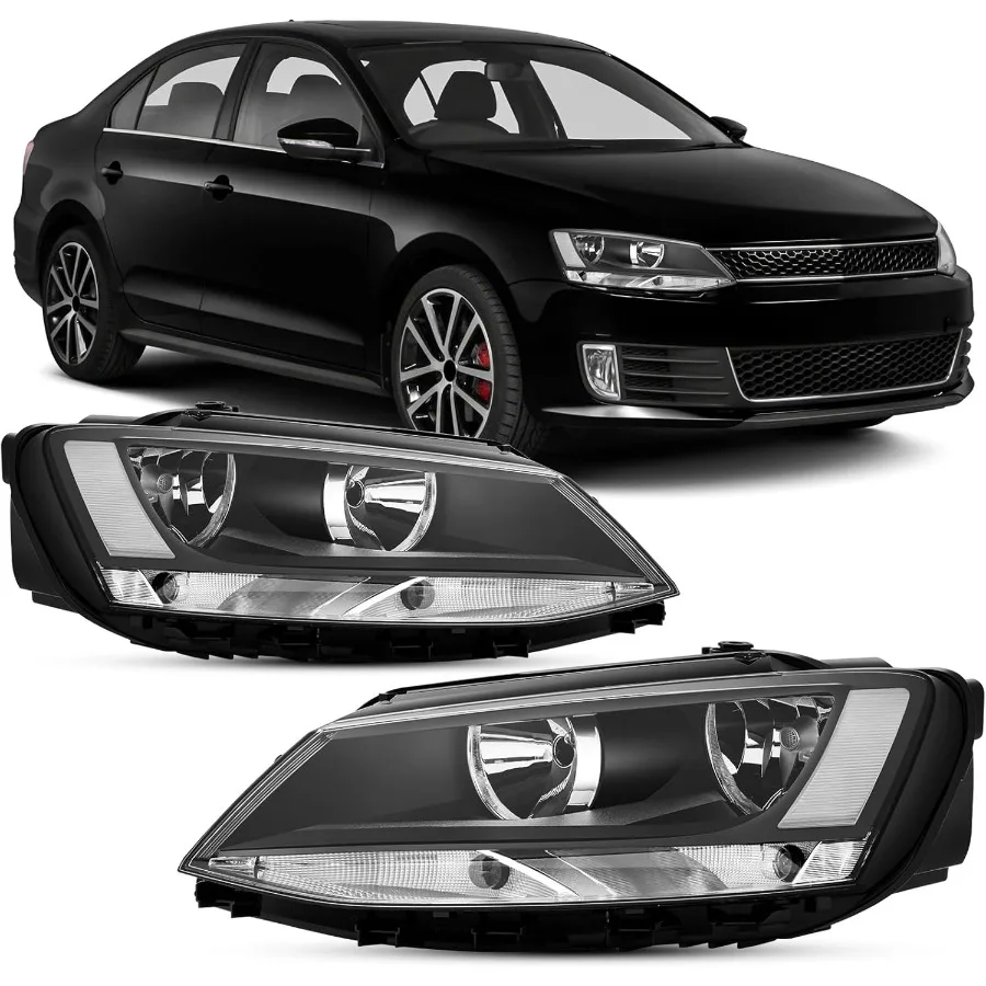 مجموعة المصابيح الأمامية المتوافقة مع 2011-2018 VW Jetta MK6 عدسة شفافة غطاء أسود عاكس واضح مجموعة المصابيح الأمامية الهالوجين، 1x