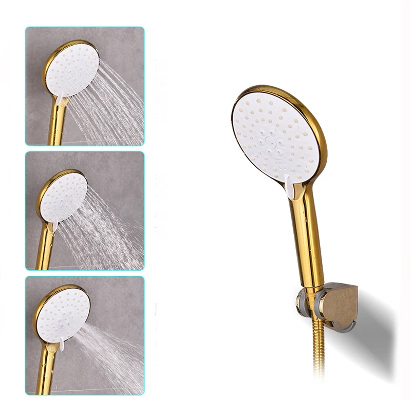 Cabezal de ducha de mano chapado en oro de plástico abs, tres funciones, baño de lujo, soporte dorado y manguera de ducha, BD667