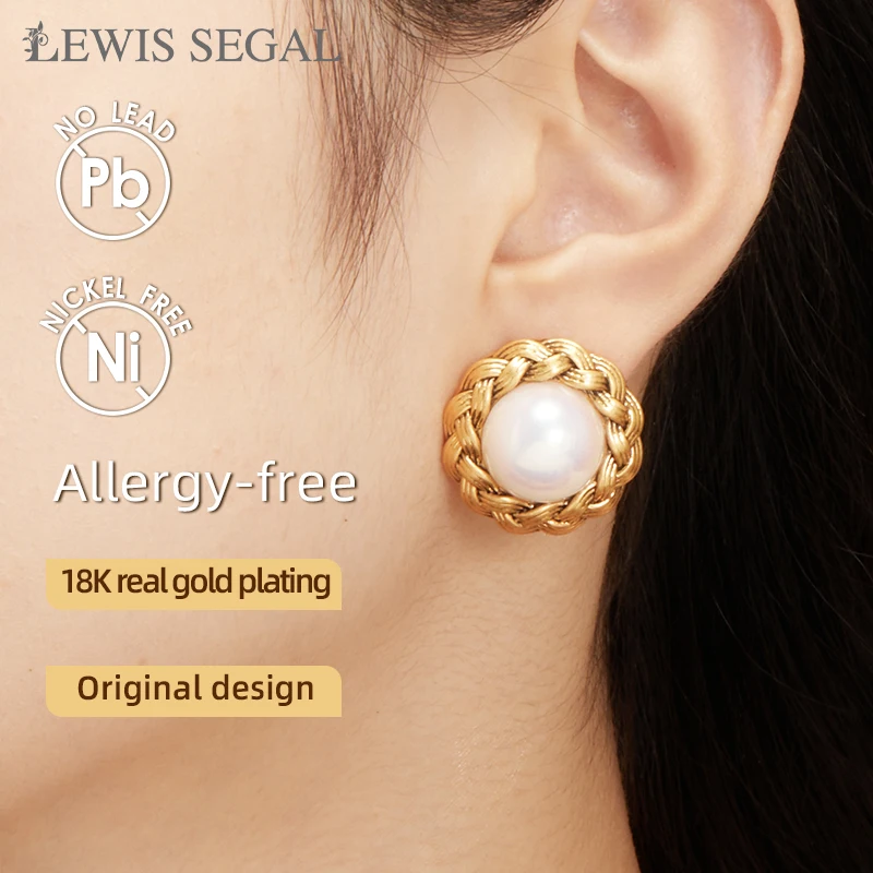 LEWIS SEGAL Mid-Century Retro Golden Pearl Embedded Stud Earring 18k Jewelry for Women Independent Girl 18K Gold Plated