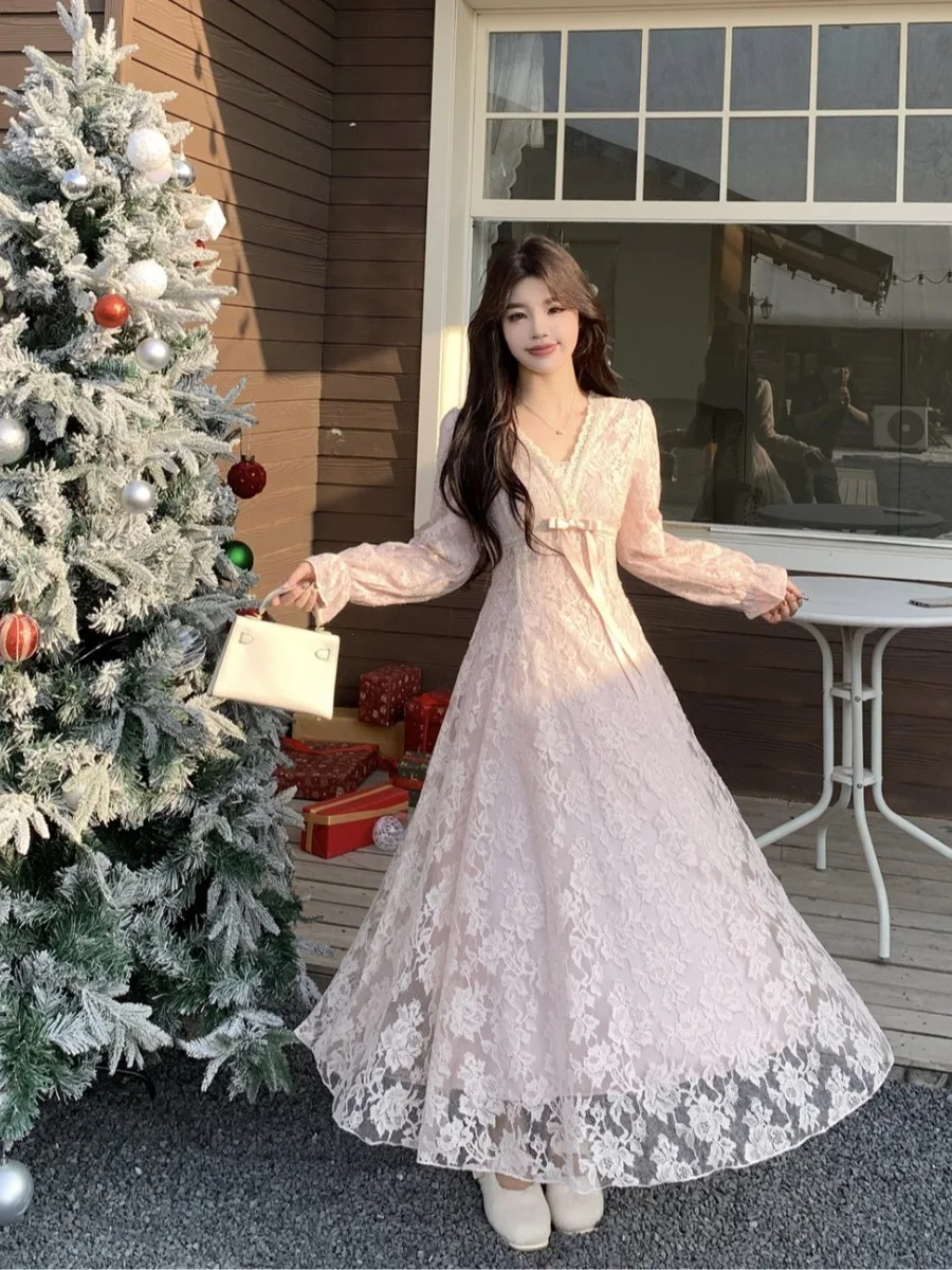 

plus Size Fleece Lined Dress Korean Style High Waist Princess Skirt Long Sleeve V Neck mid Length a Line Dress for plus Size ...