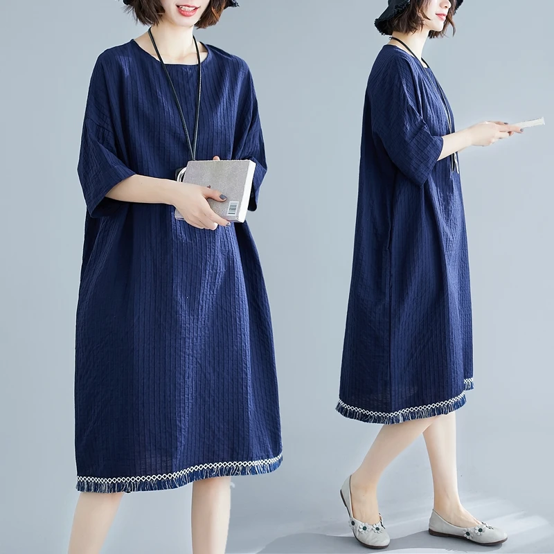 Nuovo 2025 Estate Allentato di Grandi Dimensioni delle Donne di Cotone di Lino Midi Dr Artistico Faion Coreano Sle plus Size Dimagrante Dr