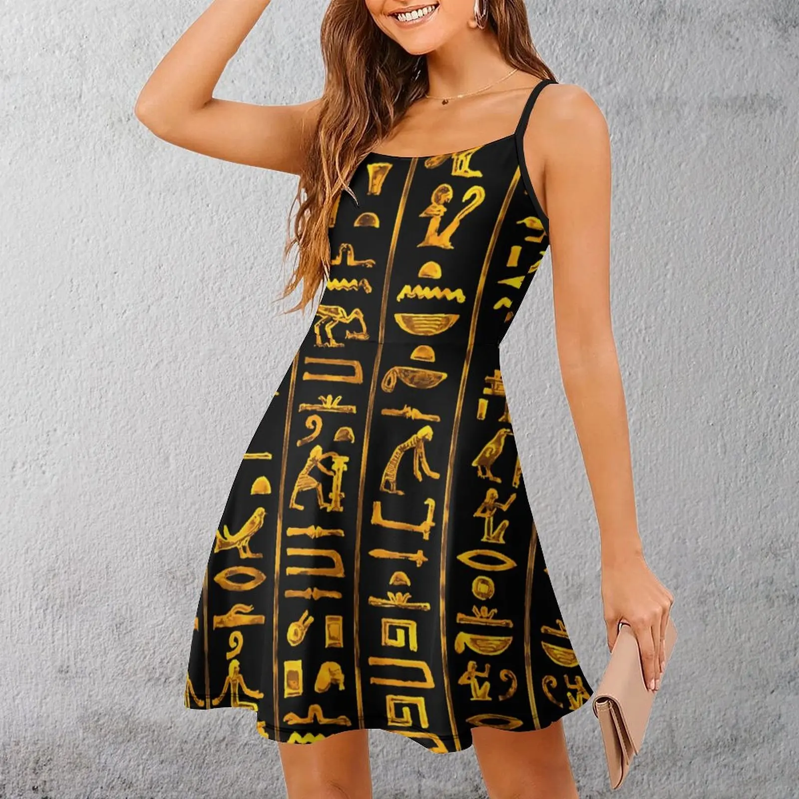 

Древние египетские иероглифы (золото на черном) женское платье на бретельках высшего качества экзотическая женская одежда забавные новые клубы Suspen
