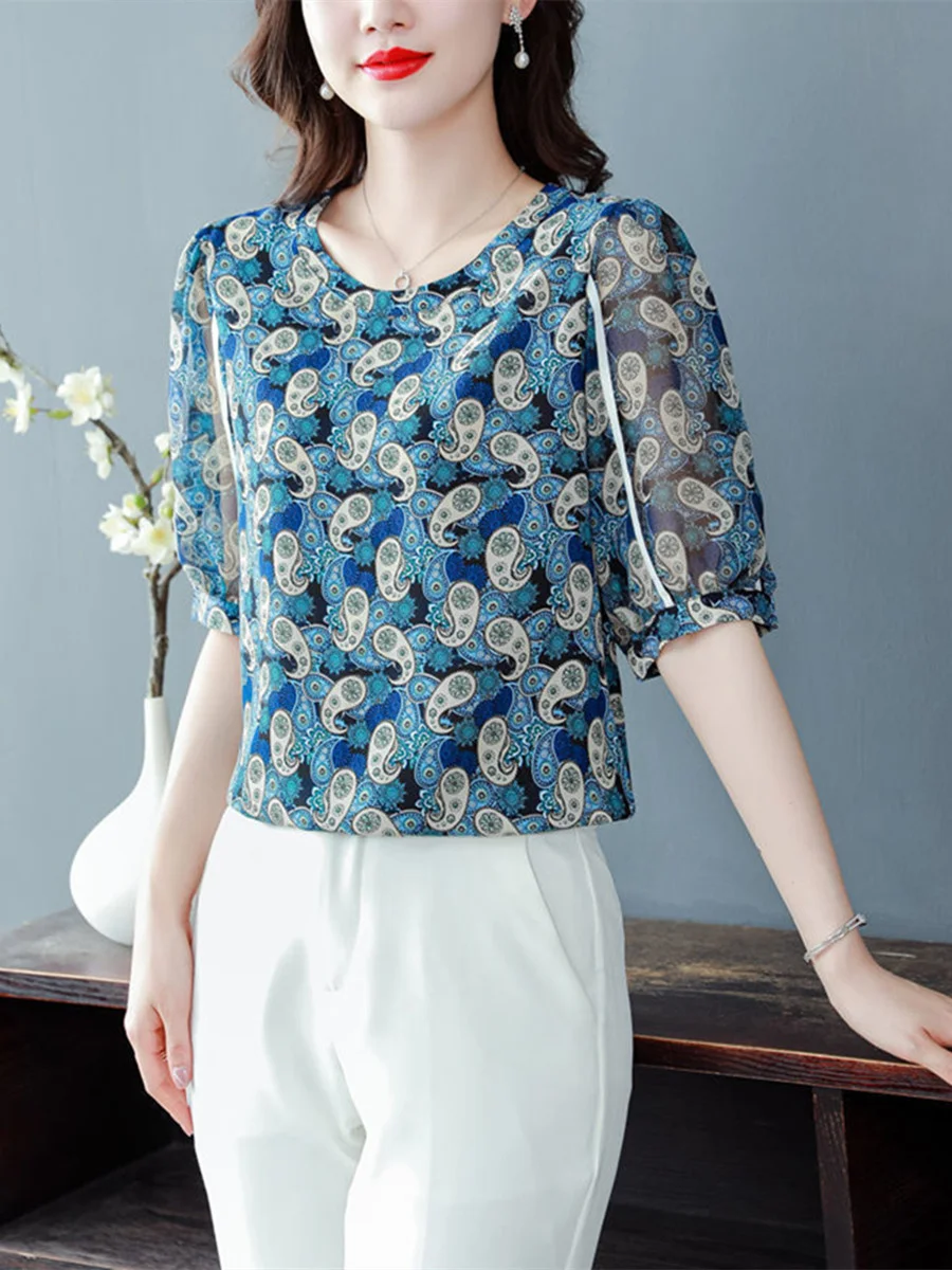 4XL Women Spring Summer Blouses Shirts Lady Fashion Casual Short Sleeve O-Neck Collar Flower Printing Blusas Tops G2198