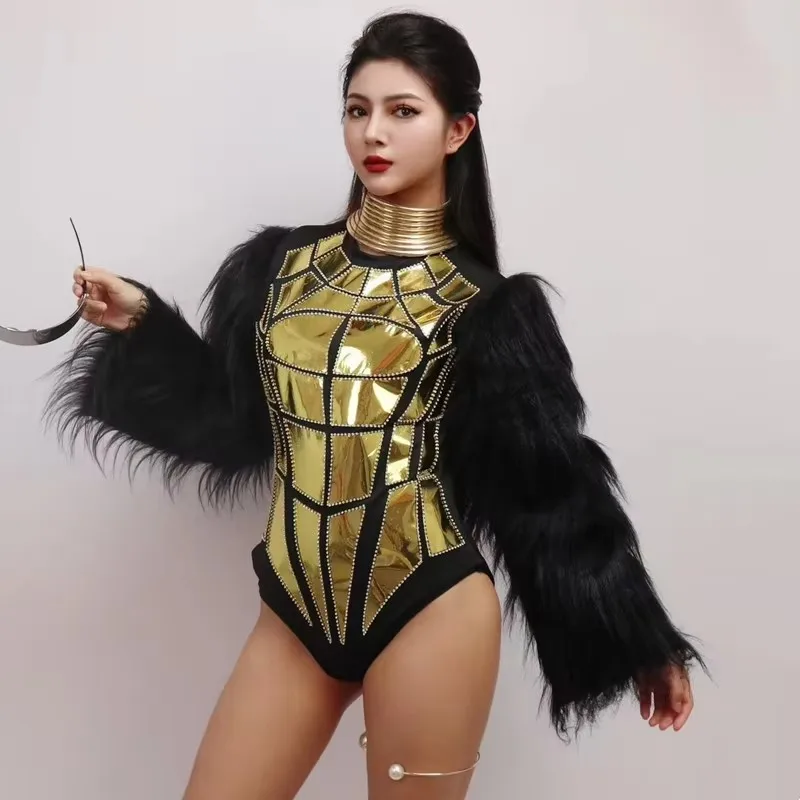 Body Sexy con manga de piel para Bar, traje láser dorado para club nocturno, traje de baile para actuación de bailarina y cantante, disfraz de Drag Queen para escenario