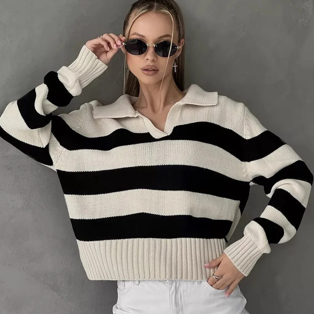 

Women's knitted sweater 2024 autumn and winter new POLO collar striped contrasting color loose knitted sweater women