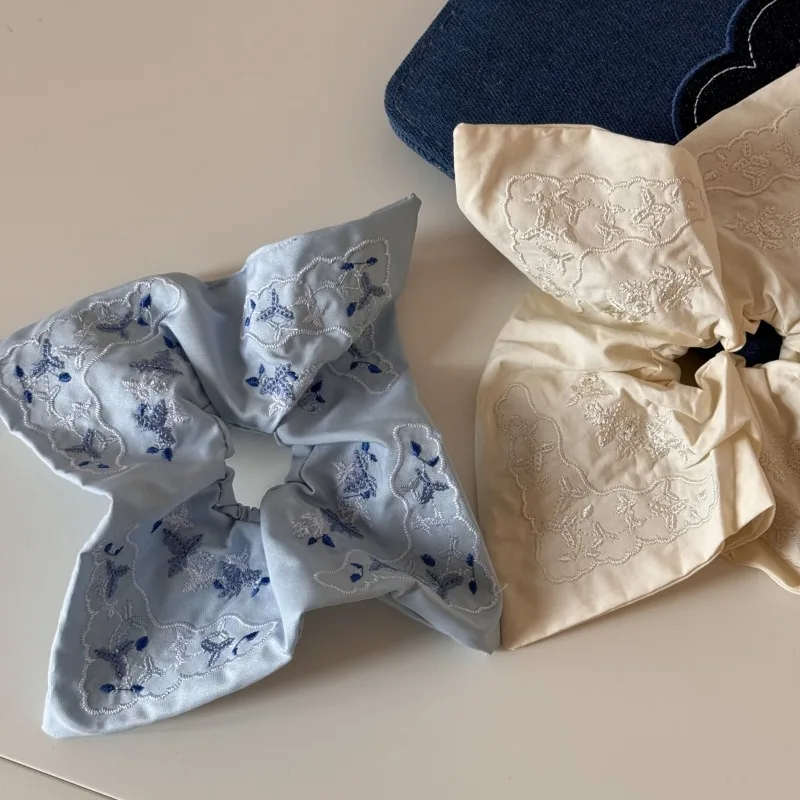 Blue white high end heavy industry embroidery elastic hair bands women large intestine headrope square towel headgear