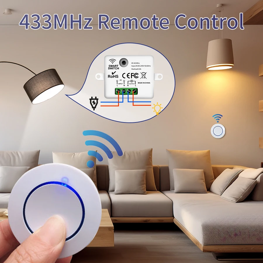 RF 433MHz Wireless Light Switch Remote Control 220V 110V 10A Relay Controller Mini Round Button Wall Panel Switch For Led Light