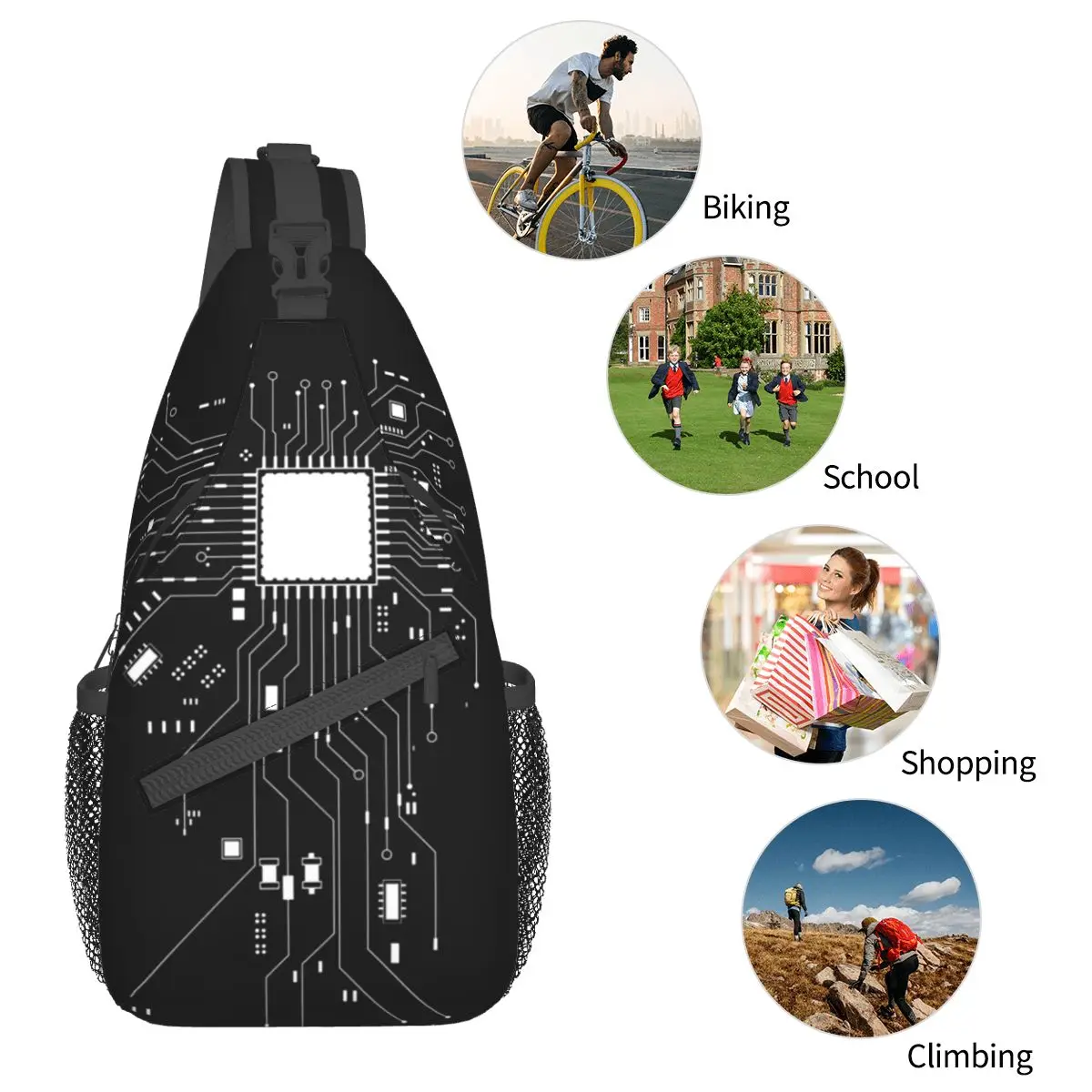 Mochila de hombro para ordenador CPU Core Heart Crossbody, bolso de pecho genial, Hacker PC Gamer, mochila de día, senderismo, ciclismo al aire libre