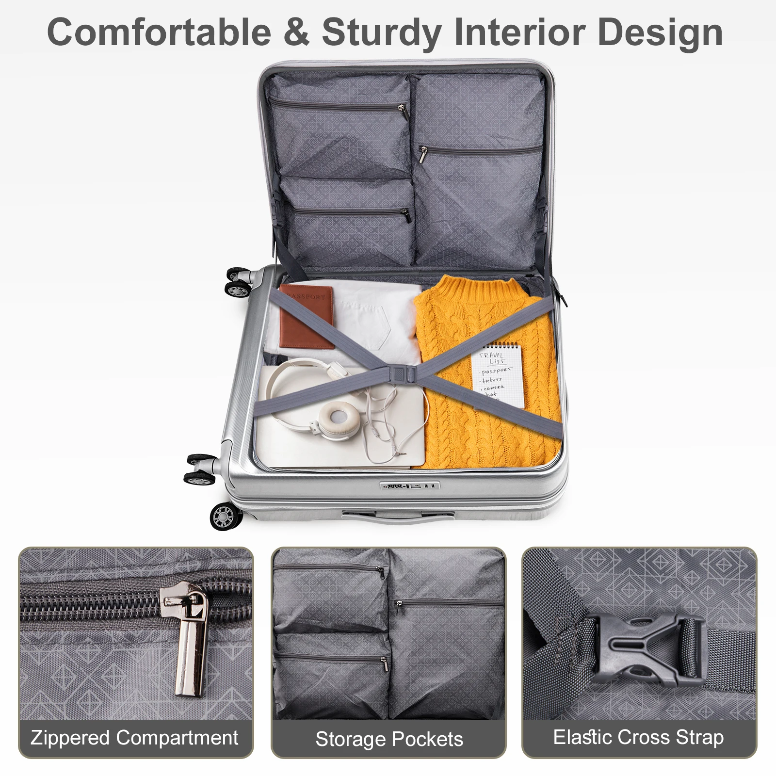 22 ×14 × 9 Airline Approved with USB Port, ABS+PC 20 Inch Luggage with Front Compartment, Double Spinner Wheels,TSA Lock,Sliver