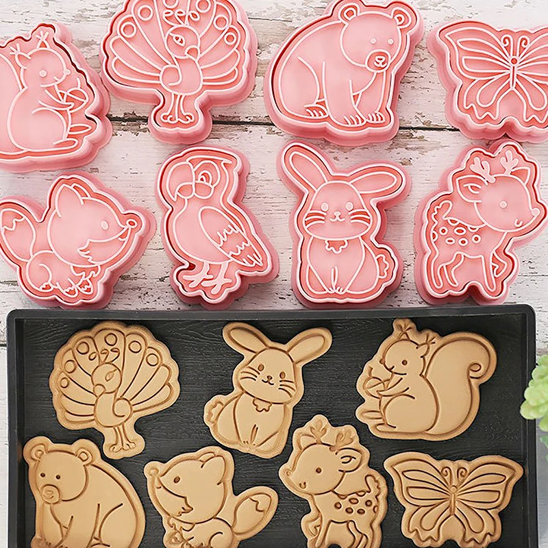 Cortadores de biscoitos de animais 8 padrão de plástico dos desenhos animados pressionável molde de biscoito confeitaria selo de biscoito cozinha ferramentas de pastelaria de cozimento