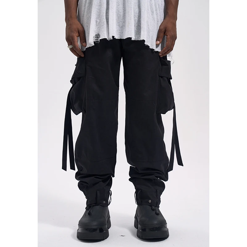 High Street Designer Wear Washed-out Vintage Ribbon Style Dark Fashion Men's Loose Casual Working Pants