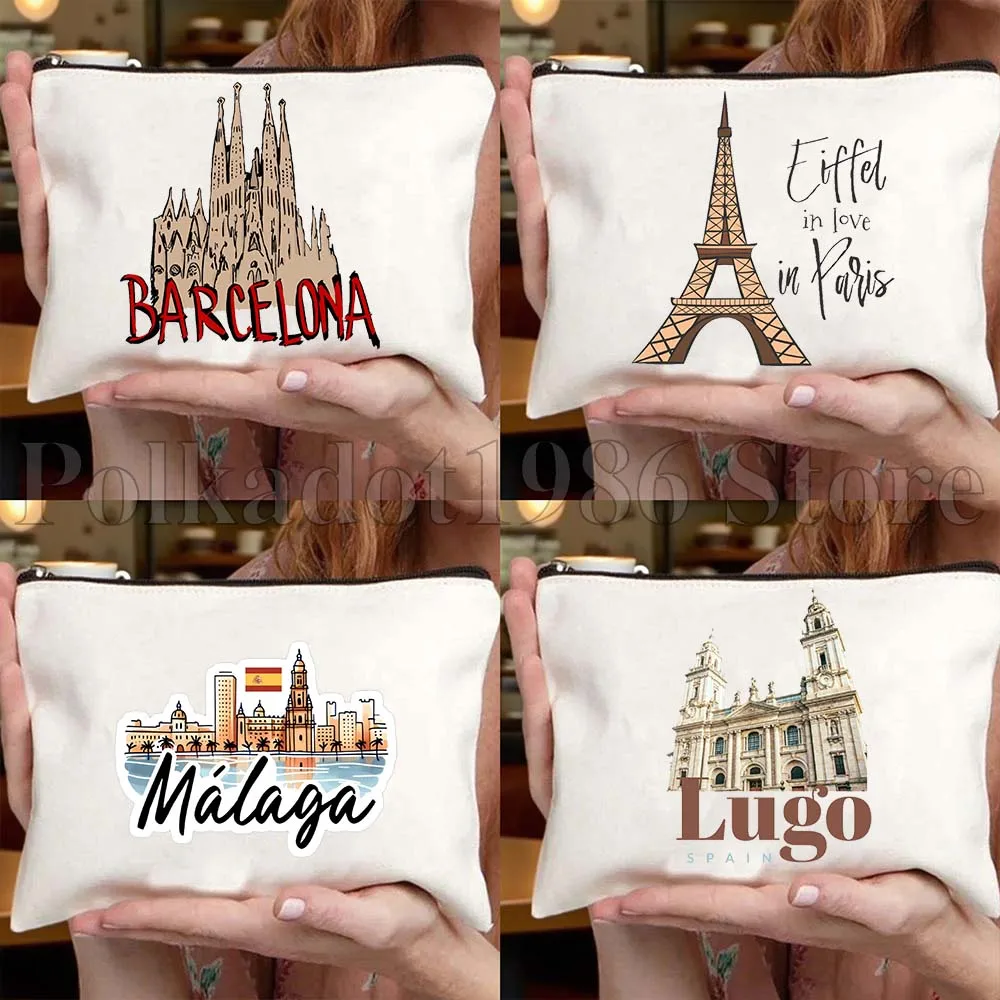 

Cute Eiffel Paris Lugo Barcelona Rome Berlin Malaga Cityscape Canvas Bag Cosmetic Bags Pouch Women Makeup Fashion Storage Bag