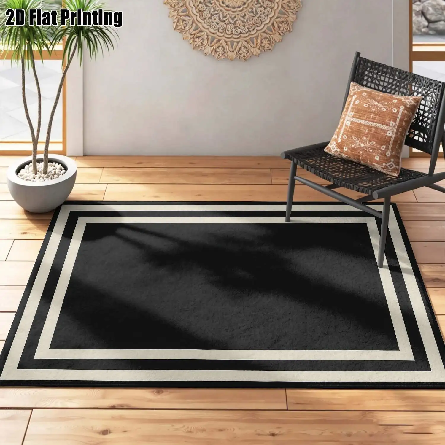 1Pc 2D Printed Black&White Geometric Striped Carpet, Modern Minimalist Nordic Style, Home Decor Mat, Multi-Size, Machine Washable, for Entrance, Living Room, Bedroom, Dining Room, Study