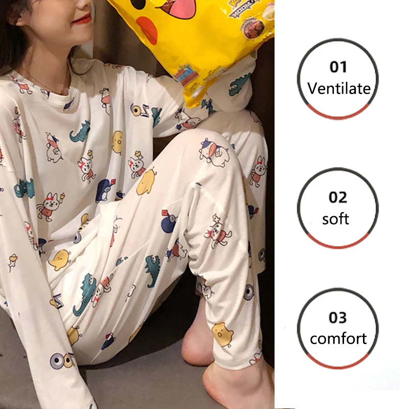 2pcs/Set Plus Size Women\'s Homewear Cute Cartoon Animal Student Pajamas Long-Sleeved Fall And Winter Long Pants Young Girls Clot