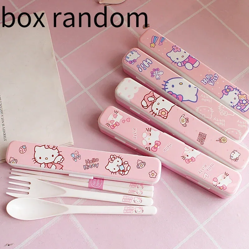 

Cartoon Sanrioed Cutlery Kawaii HelloKitty Children Portable Spoon Fork Chopsticks Cutlery Set Box Anime Home Accessories Gift