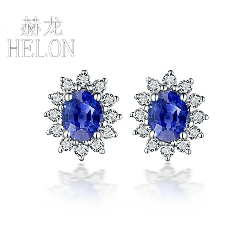 HELON Solid 14K AU585 White Gold Oval Cut 4x3mm Genuine Sapphire Diamonds Stud Earrings For Women Trendy Fine Jewelry