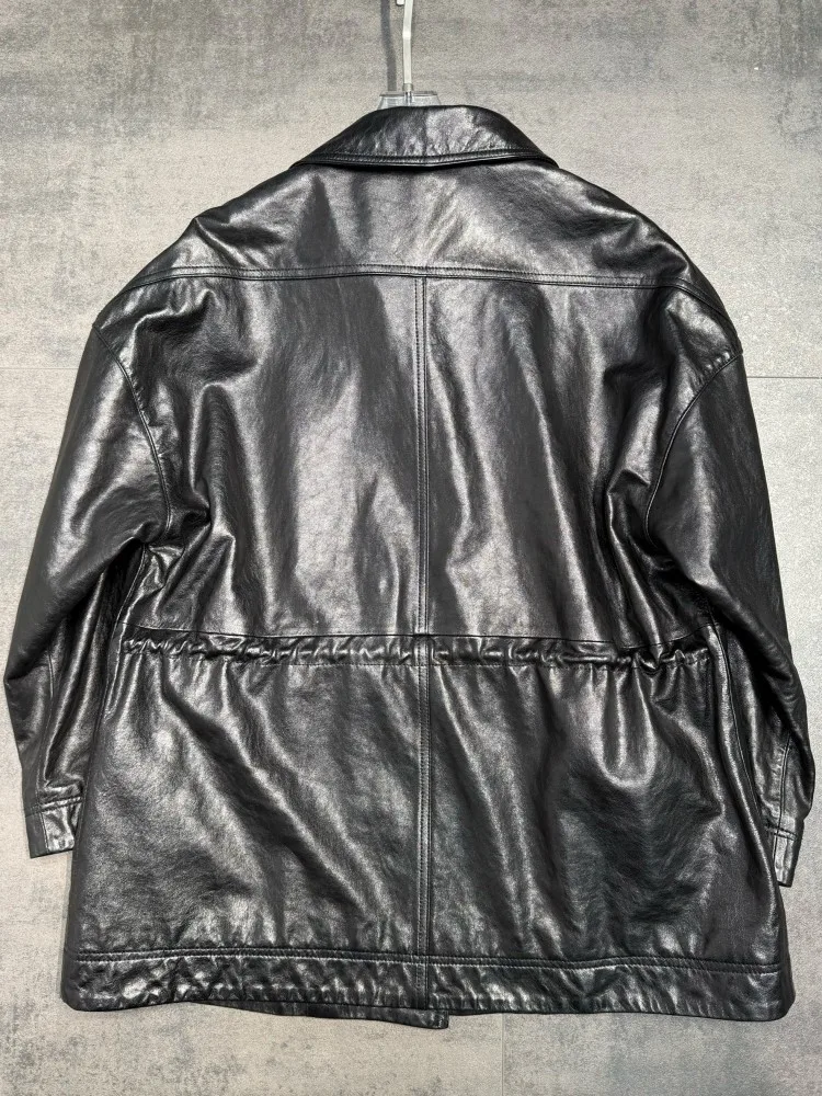 Concise Ladies Loose Double-Breasted Genuine Leather Jackets Solid Color Turn Down Collar Long Sleeves Pockets Sheepskin Outwear