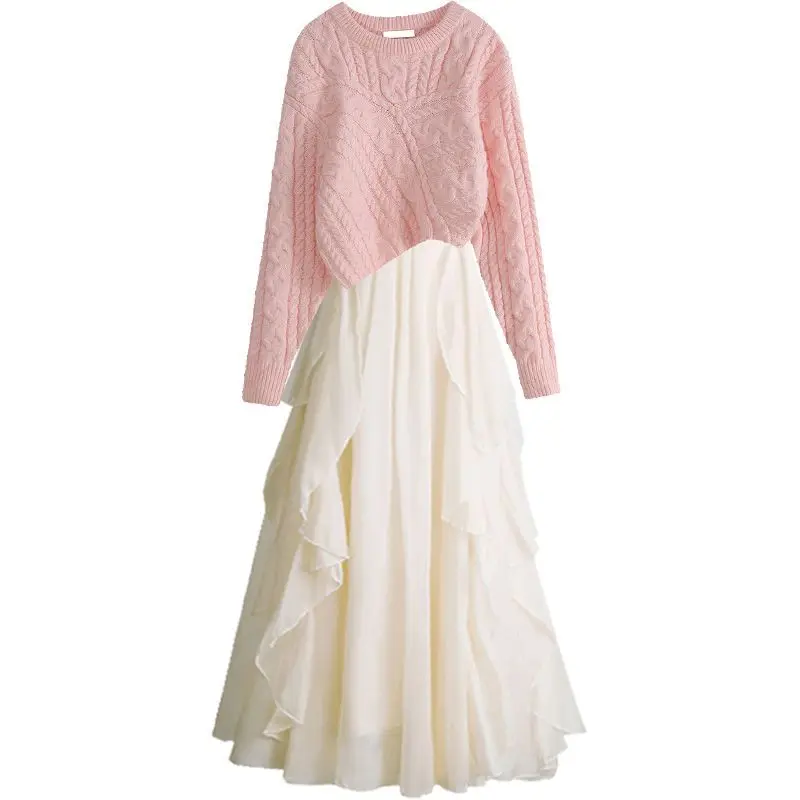 Oversized Women's Autumn Set 2023 Korean Version New Slouchy Loose Knitted Sweater Hanger Dress Two Piece Set