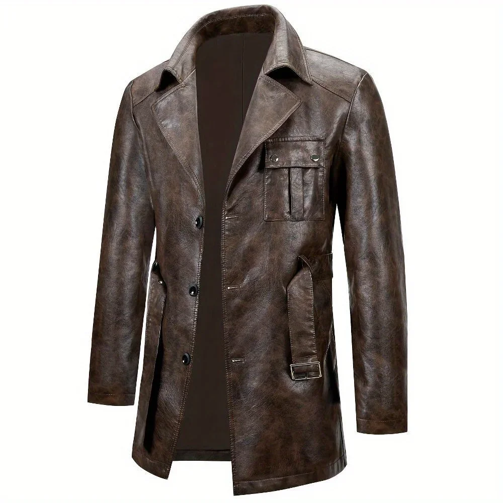 Men's Medium Long PU Leather Jacket Single-Breasted Lapel with Chest Bag Design And Belt Fashionable Retro Classic Coat