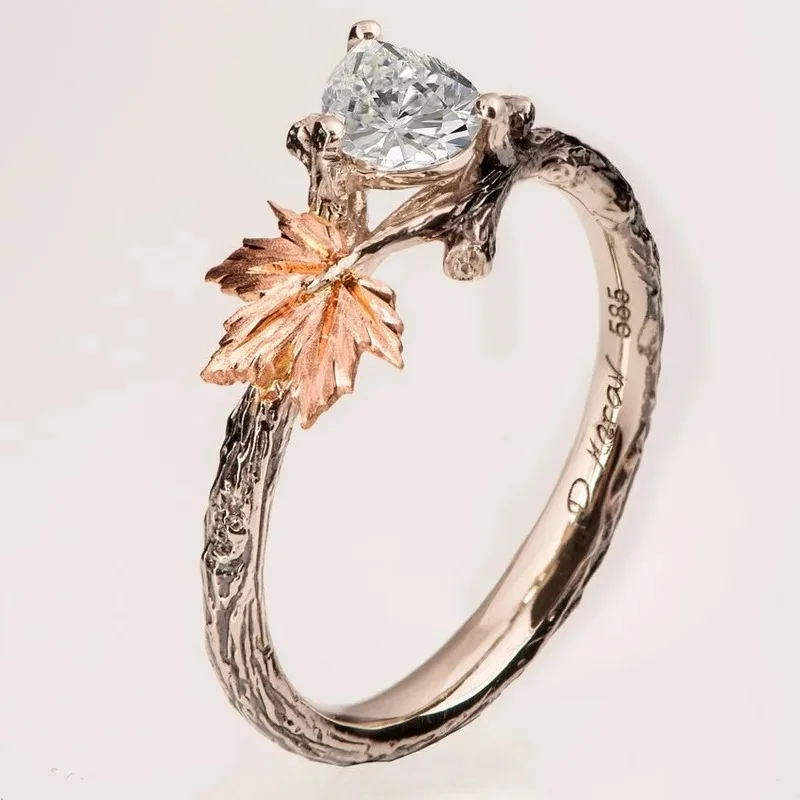 Huajie Classic Women\'s Maple Leaf Shaped Bright Zircon Inlay Elegant Rings Romantic Bride Wedding New Ring Jewelry Tide