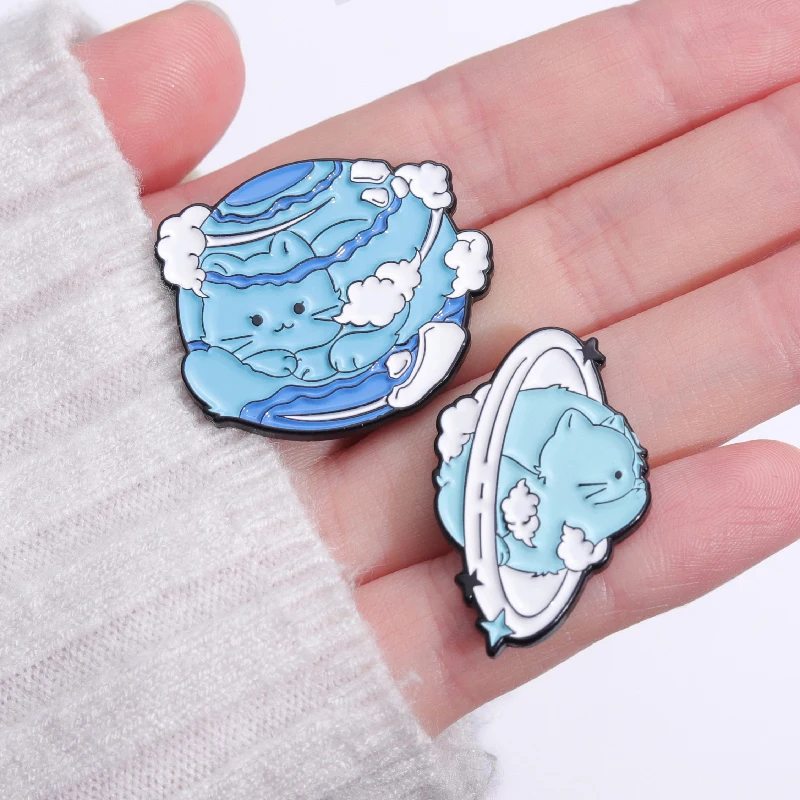 Blue Earth Kitten Enamel Pins Ocean Wave Starry Sky Stars Moon Brooch Lapel Pin Clothes Backpack Badge Jewelry for Friends Gifts