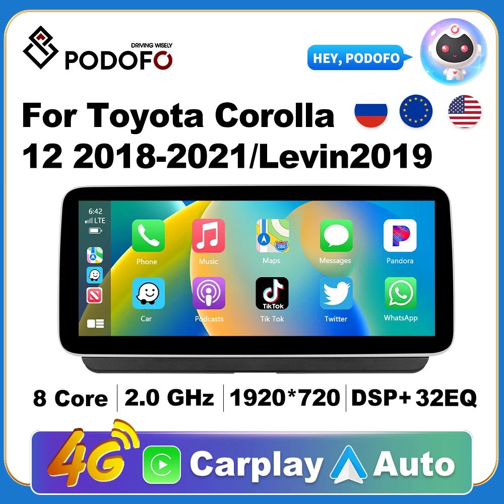 Podofo Wireless CarPlay Andorid Auto Car Radio For Toyota Corolla 2018-2021/Levin 2019 AI Vioce Multimedia GPS 2din autoradio