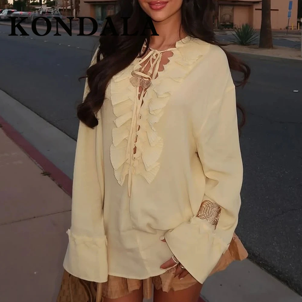 KONDALA jaune plissé ourlet ample col en v décontracté haut en mousseline de soie mode 2025 été élégant à volants détail loisirs Chic femmes Blouse