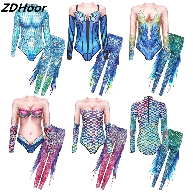 

Womens Mermaid Roleplay Set Print Fish Scales Stand Collar Long Sleeves Jumpsuit with High Waist Tights Suit for Halloween Party