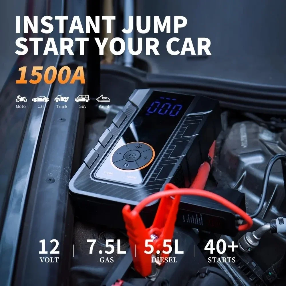 4-in-1 Car Emergency Starter with Air Compressor, 150PSI Tire Inflator, Car Battery Booster, Portable Power Supply with LED Light