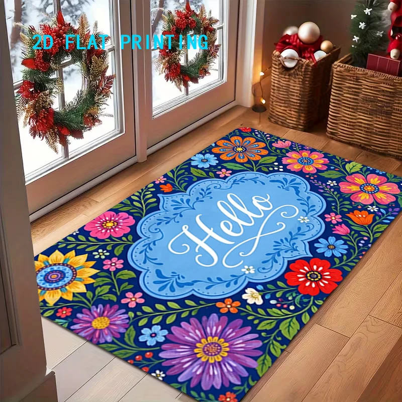 Floral Entry Rug Hello Colorful Sunflower Wildflower Rectangular Welcome Floor Mat Non Slip Rug for Indoor  Home Accent Decor