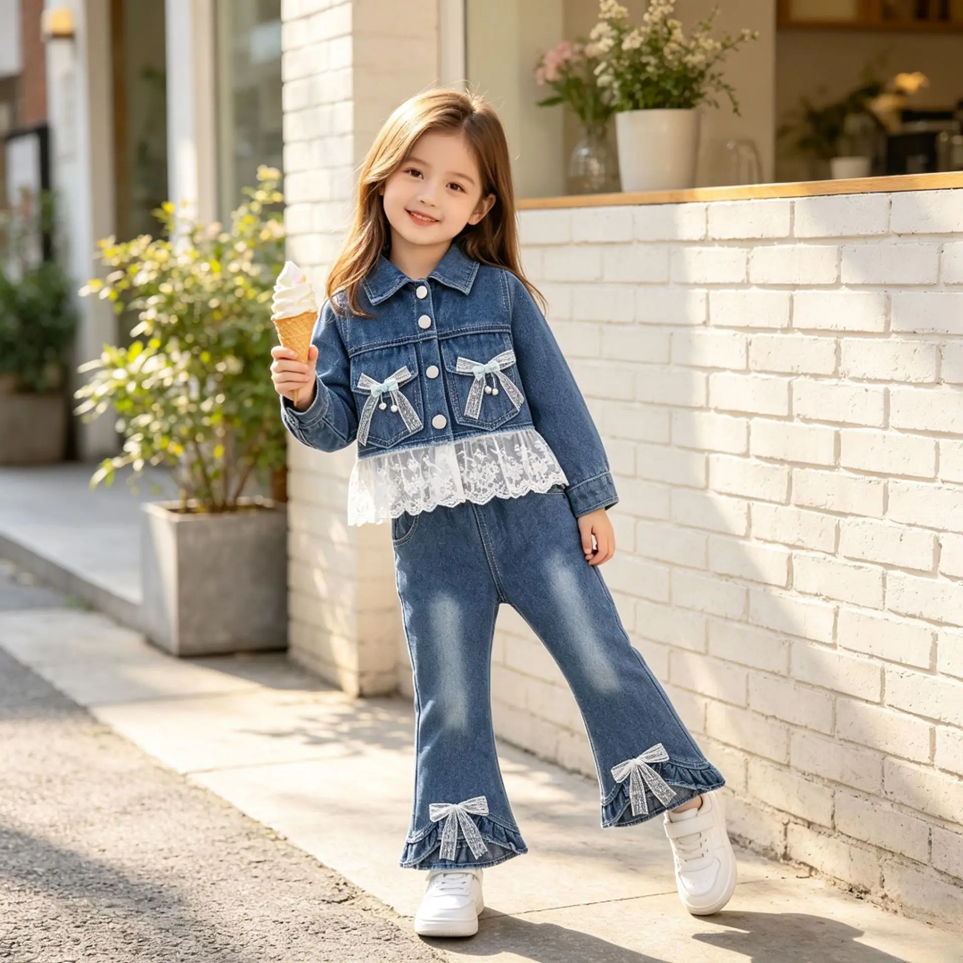 Girls 2 Piece Denim Outfit Autumn Kids Bow Denim Jacket Flare Pants Set Toddler Korean Style Lace Hem Coat Bell Bottom Jeans