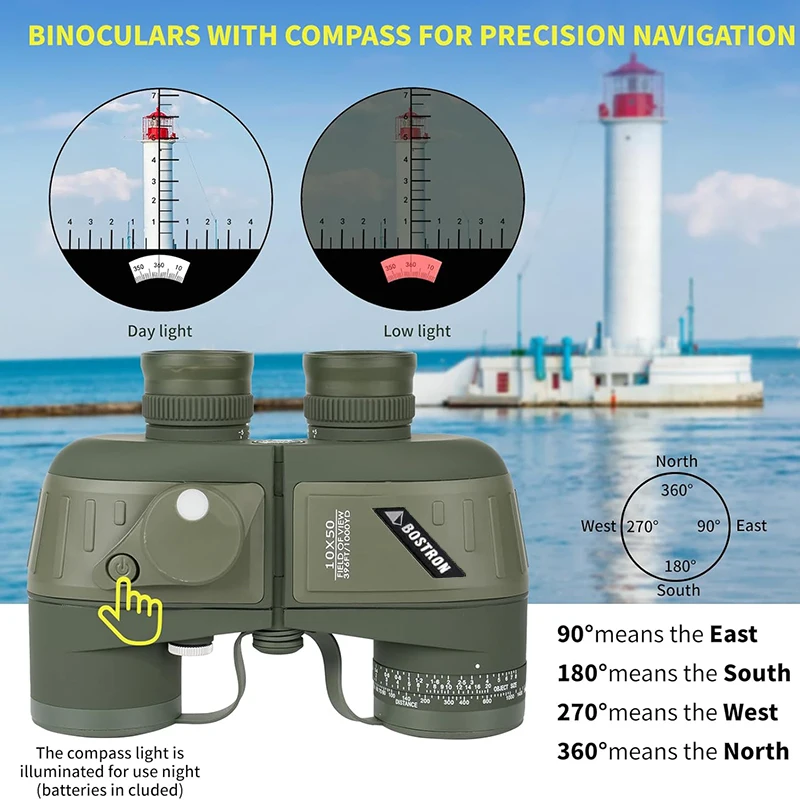 Binoculars 10x50 Marine Military Telescope Adults Waterproof With Rangefinder Compass BAK4 Prism HD Bird Watching For Hunting