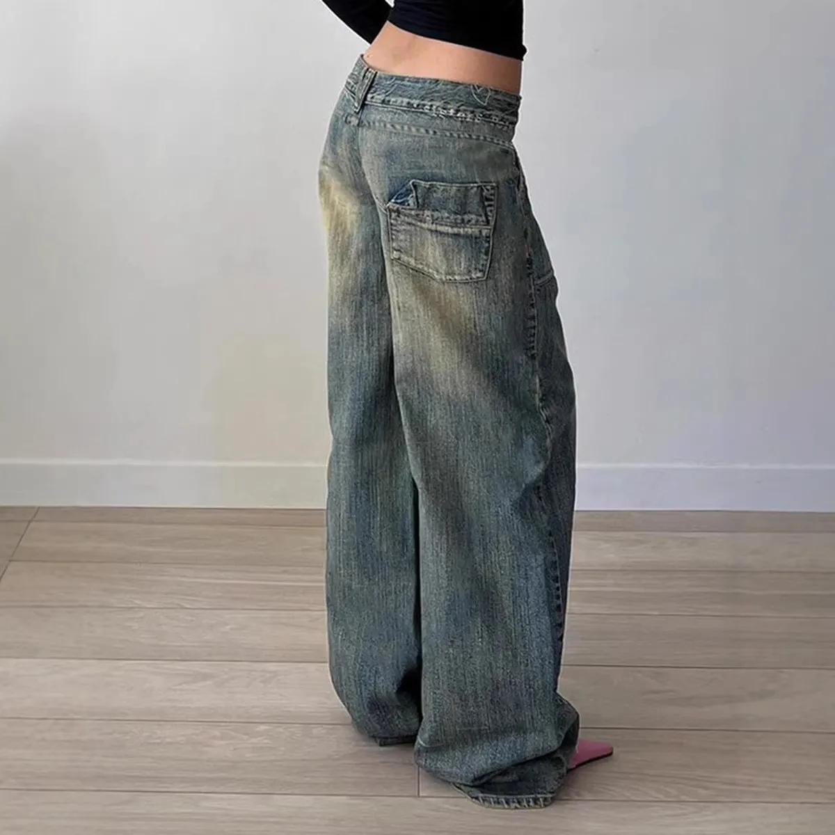 Casual Loose Fit Jeans with Elegant Commuter Mid Rise Regular Thickness No Stretch Washed Straight Leg Full Length Women Pants