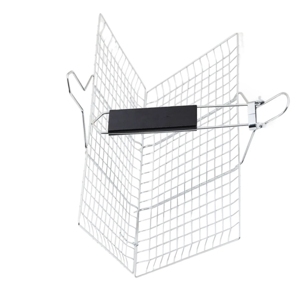 

Household Stainless Steel Bbq Grill Basket Foldable Detachable Rack Wood Handle Outdoor Grilling Barbecue Tool Practical