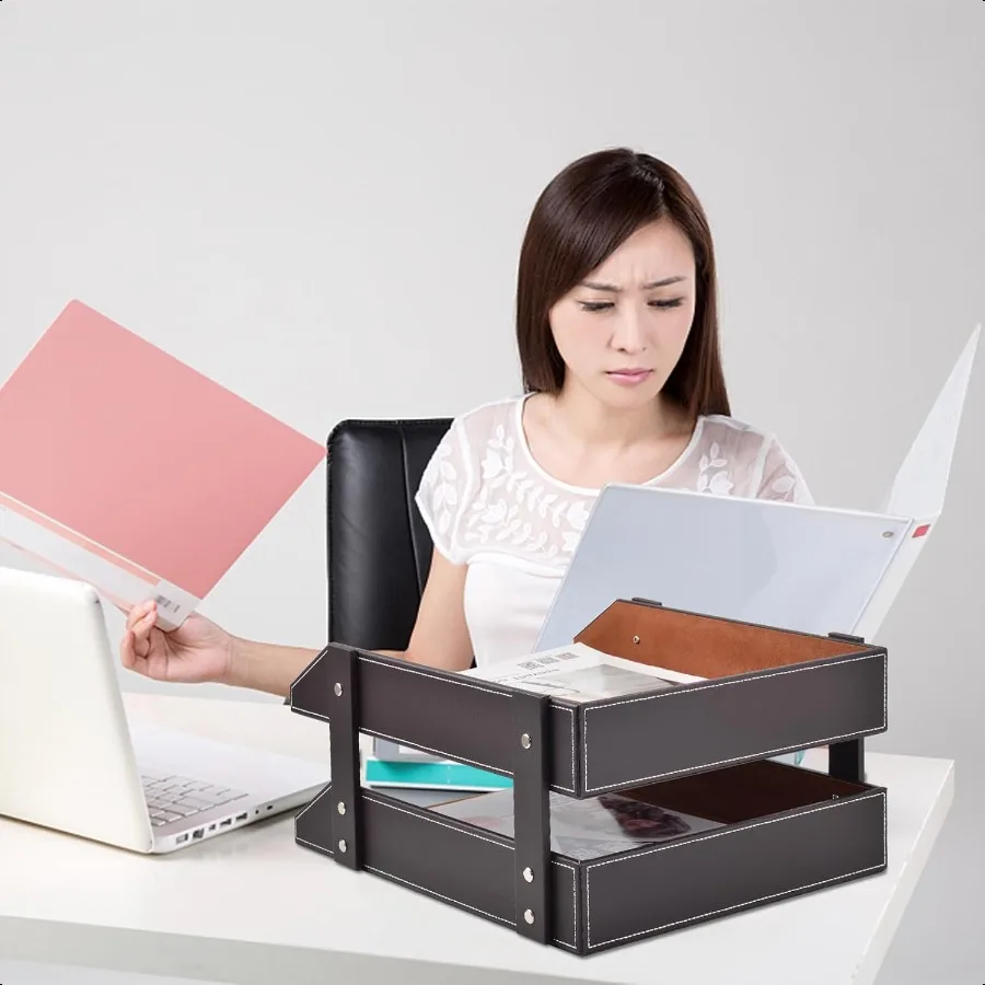 Кожаный настольный органайзер, 2 уровня, штабелируемый держатель для лотка для писем, офисный ящик для хранения настольных ящиков для документов, канцелярских товаров, журналов, новинка
