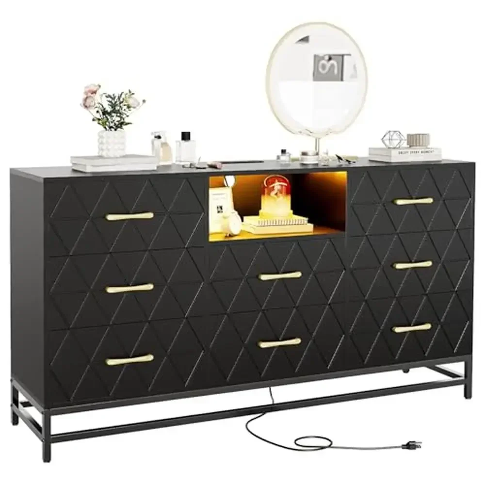 Wooden 8-Drawer Long Dresser with Power Outlet & LED Lights Modern Black TV Stand Dresser Bedroom Chest of Drawers Clothes &