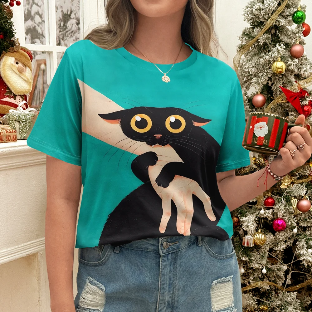 

Женская зеленая футболка с мультяшным котом, повседневный летний стиль, топ с круглым вырезом и короткими рукавами для повседневной носки, уличная одежда Y2K