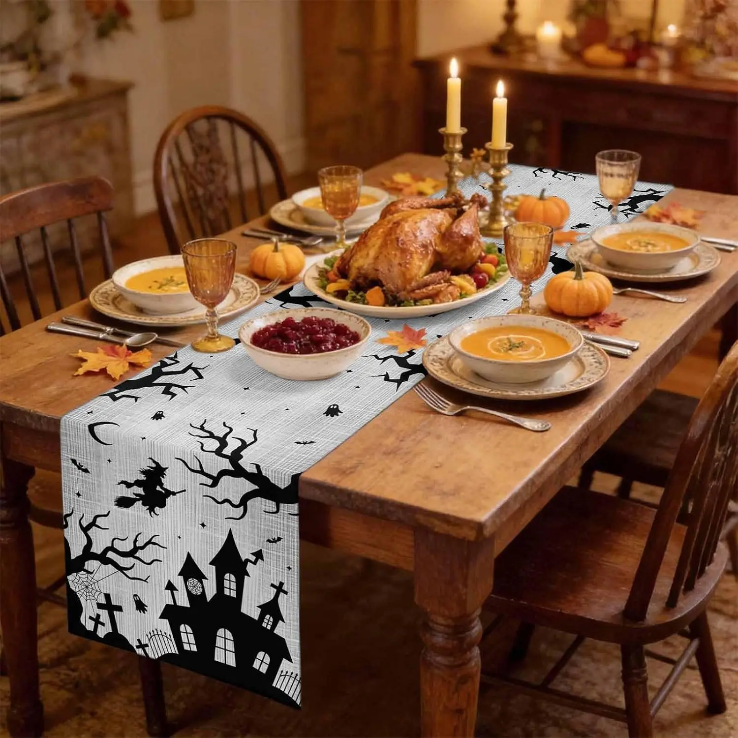 Halloween Goth Flying Witch Haunted Castle Table Runner Party Decor Washable Kitchen Dining Table Runner Halloween Decorations