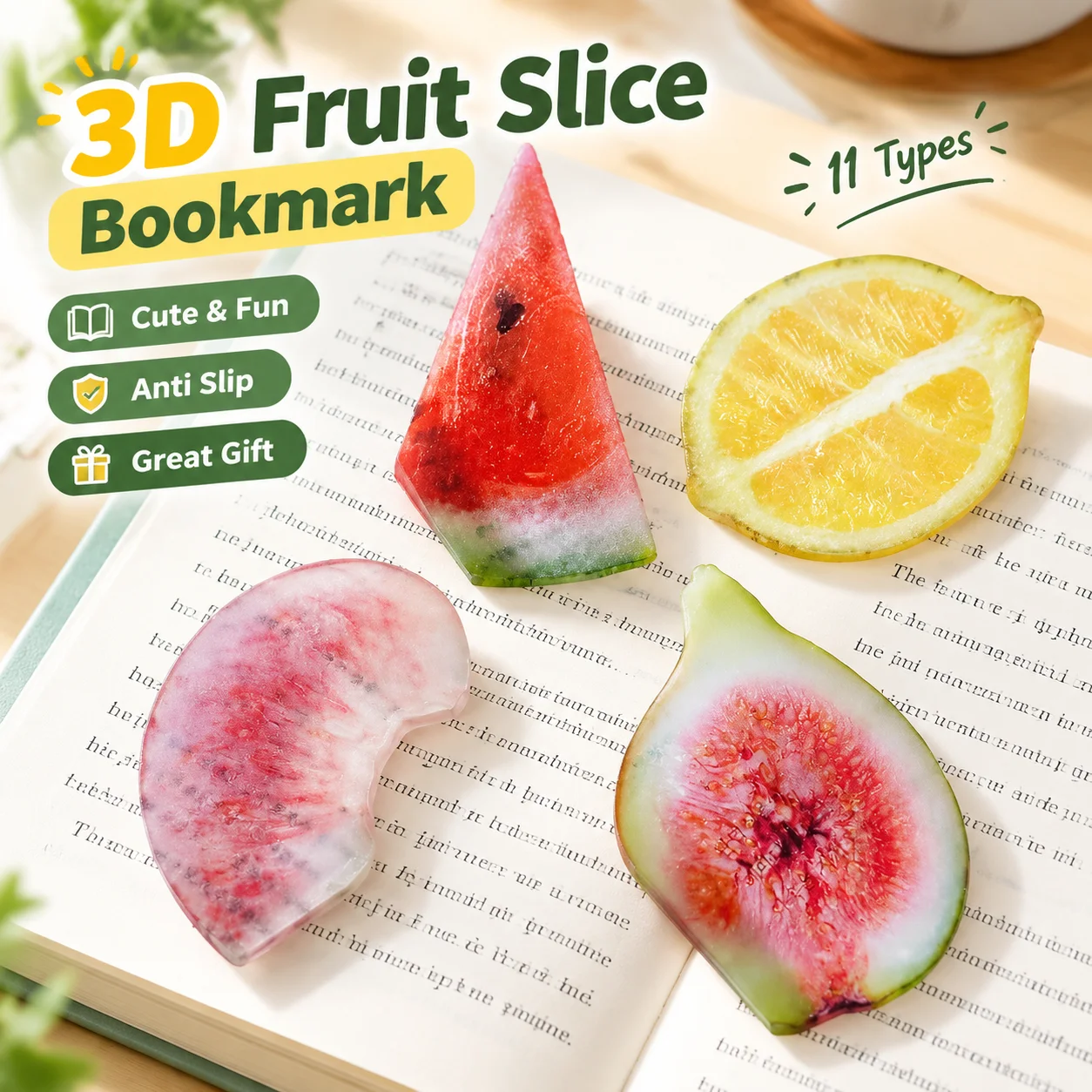 3D Fruit Slice Bookmark Cute Plastic Reading Photo Prop Anti Slip Wide Thick Stationery Gift for Books Magazines 11 Types